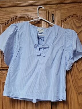 kate spade 100% Cotton Light Blue Pinstripe Bow-Accent Women's Blouse